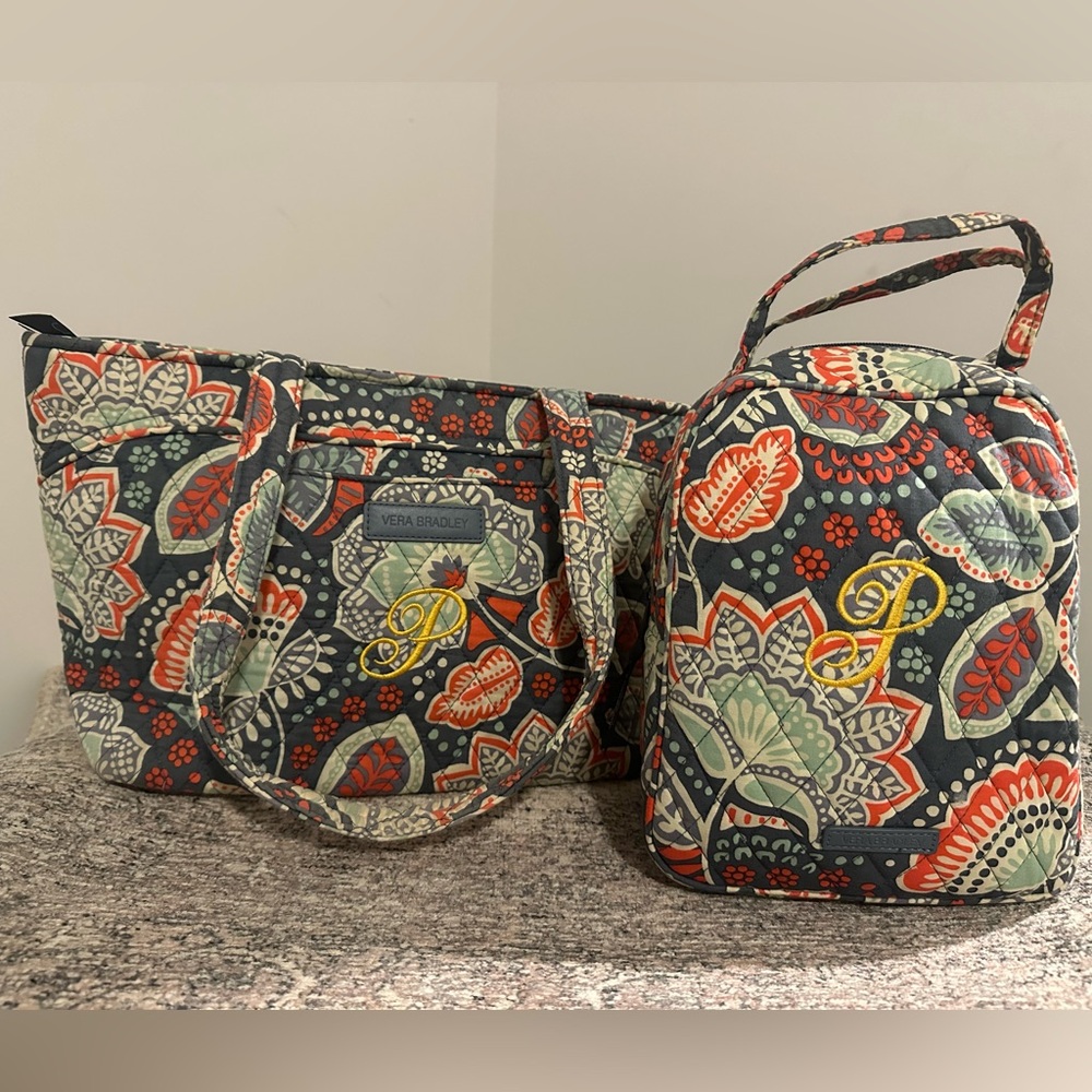 Vera Bradley Red and Green Pattern Monogrammed “P” diaper bag and insulated bag